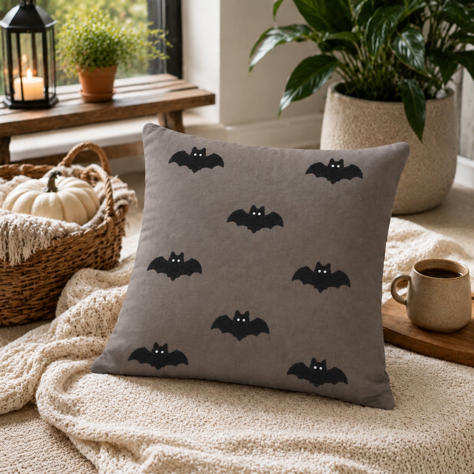 Yeciiwht Halloween Throw Pillow Cover – 18*18inch Embroidered Linen Cushion Case with Ghost, Mummy & Bat Designs, Invisible Zipper, Machine Washable