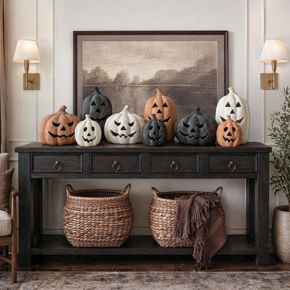 Fall Decor - Halloween Decorations - 5.9"H White Handmade Resin Pumpkin Jack O' Lantern with Flameless Candle - Outdoor Indoor Autumn Decoration for Table Centerpieces Porch Room Front Door