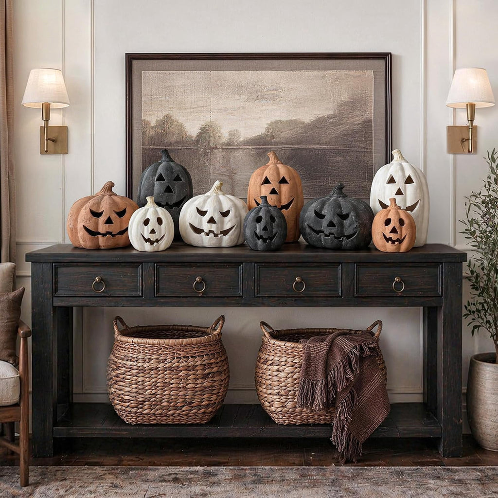 Fall Decorations for Home - Halloween Decor Indoor - 7.87" H White Handmade Resin Pumpkin Jack O' Lantern with Flameless Candle - Outdoor Decoration for Front Door Porch Mantel Kitchen Living Room