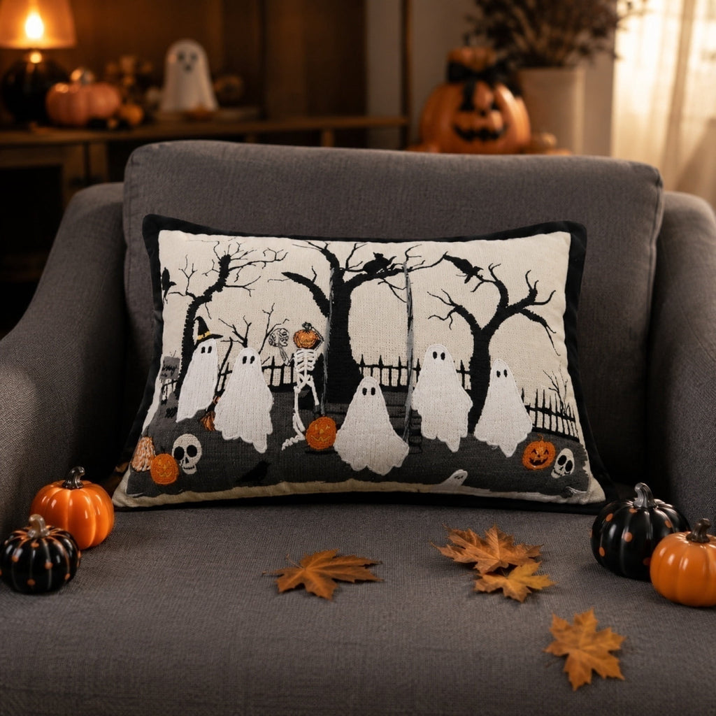 Halloween Ghost Reading Book Throw Pillow Cover, Spooky Library Bookshelf Skull Candlestick Decorative Pillowcase, Retro Halloween Cushion Cover