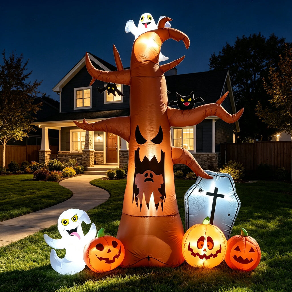 Coolmade 8 ft Halloween Inflatable Dead Tree with Ghost Pumpkins Tombstone Bat Built‑in LED Lights Outdoor Yard Decor`