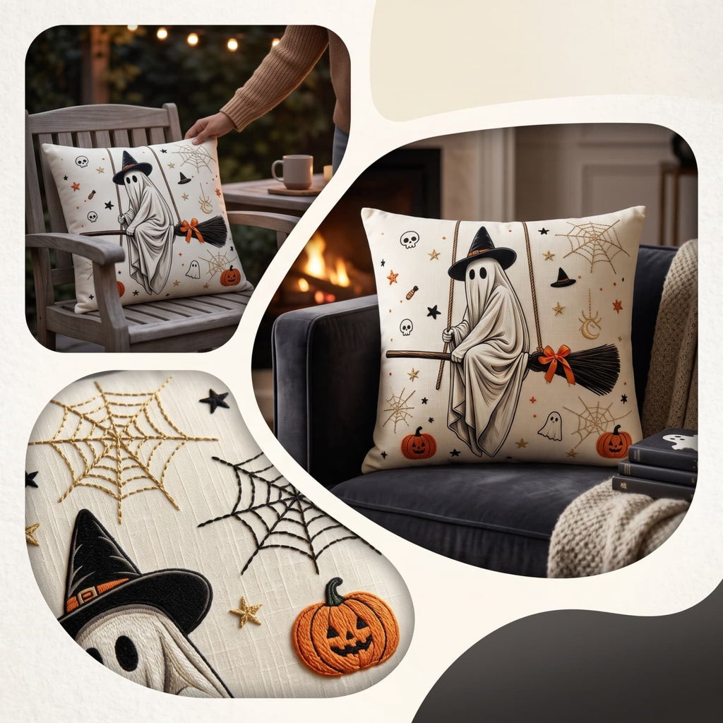 Halloween Ghost Reading Book Throw Pillow Cover, Spooky Library Bookshelf Skull Candlestick Decorative Pillowcase, Retro Halloween Cushion Cover