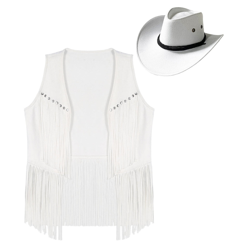 TiaoBug Men's Western Cowboy Cosplay Costume Tassel Rivets Waistcoat with Wide Brim Hats Sets Black L