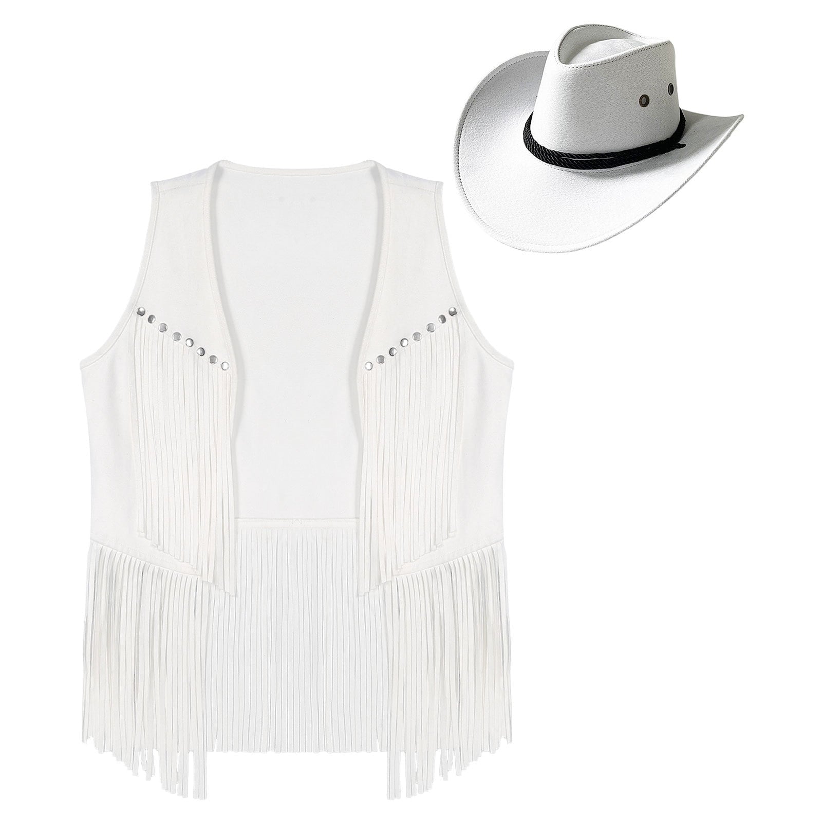 TiaoBug Men's Western Cowboy Cosplay Costume Tassel Rivets Waistcoat with Wide Brim Hats Sets Black L
