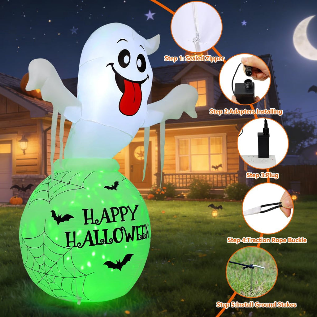 COMIN 6 FT Halloween Inflatable Ghost Trapped in Green Bottle LED Lighted Cute Blow Up Ghost for Indoor Outdoor Halloween Party
