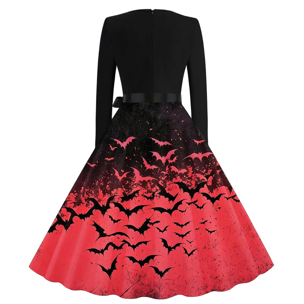 Women's Vintage Halloween Bat Print Swing Dress Long Sleeve 1950s Retro A-Line Midi Dresses with Satin Sash Belt for Gothic Cosplay Evening Prom Party
