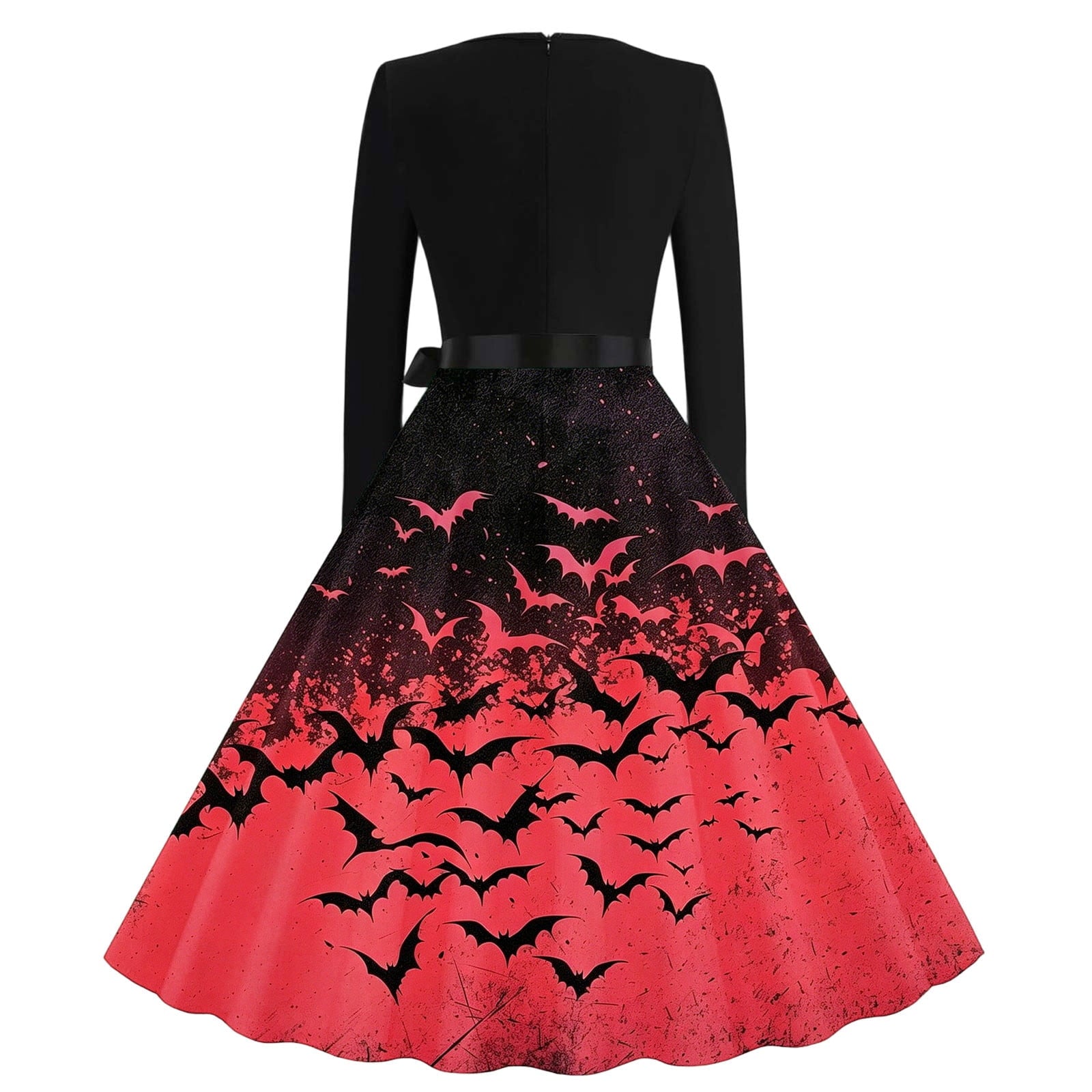 Women's Vintage Halloween Bat Print Swing Dress Long Sleeve 1950s Retro A-Line Midi Dresses with Satin Sash Belt for Gothic Cosplay Evening Prom Party