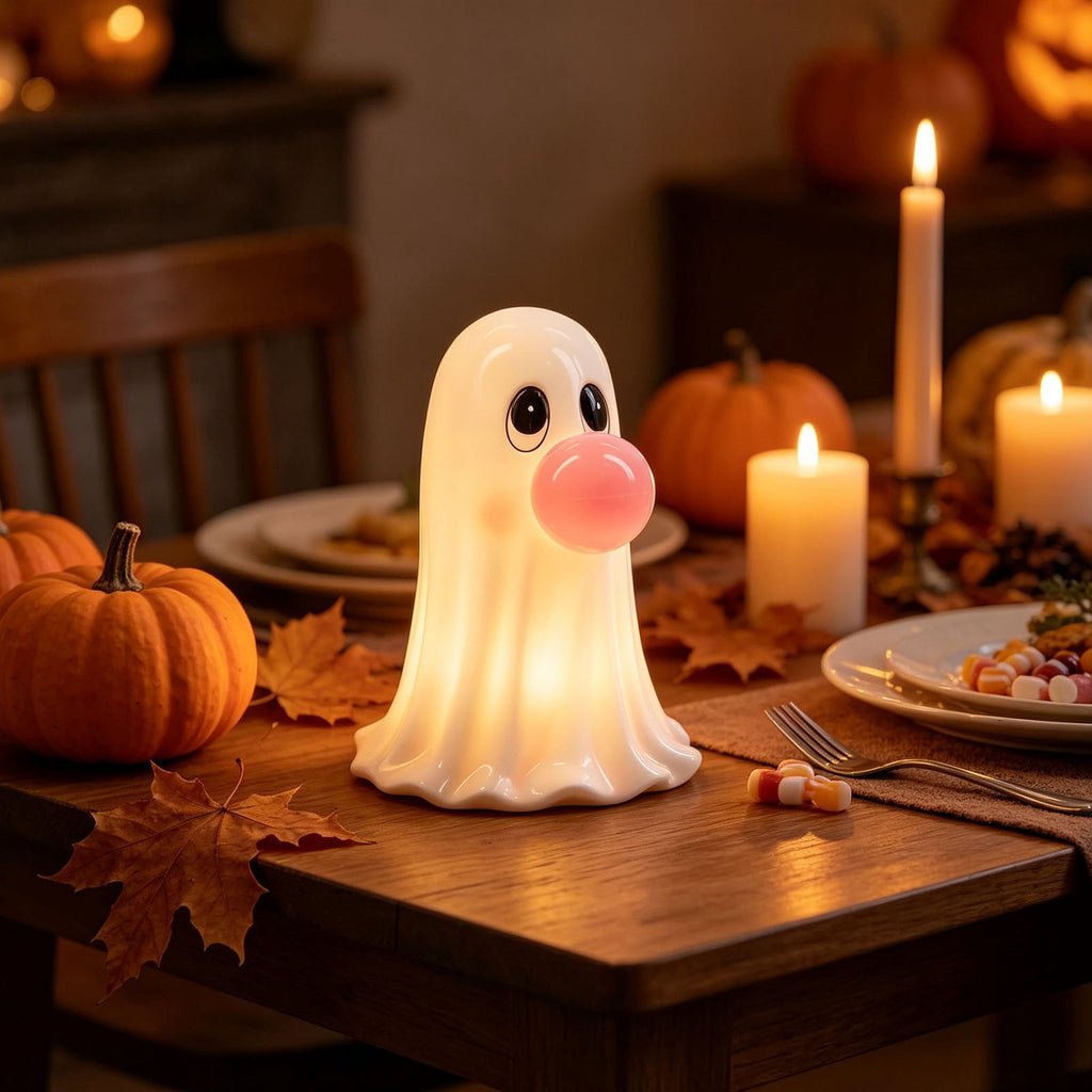 Homellea Light Up Bubble Gum Ghost Halloween Decor, 5.9 Inch Battery Operated Blow Mold Ghost Figurine with Bubble Detail for Tabletop, Mantel, Shelf, Entryway and Indoor Party Display