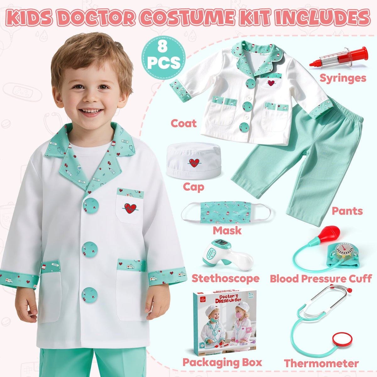 Doctor Costume for Kids Doctor Coat, Doctor Dress Up and Play Set 8 PCS with Real Stethoscope, Lab Coat Career Day Costume Kit for Toddlers Girls 3-12 - Pink