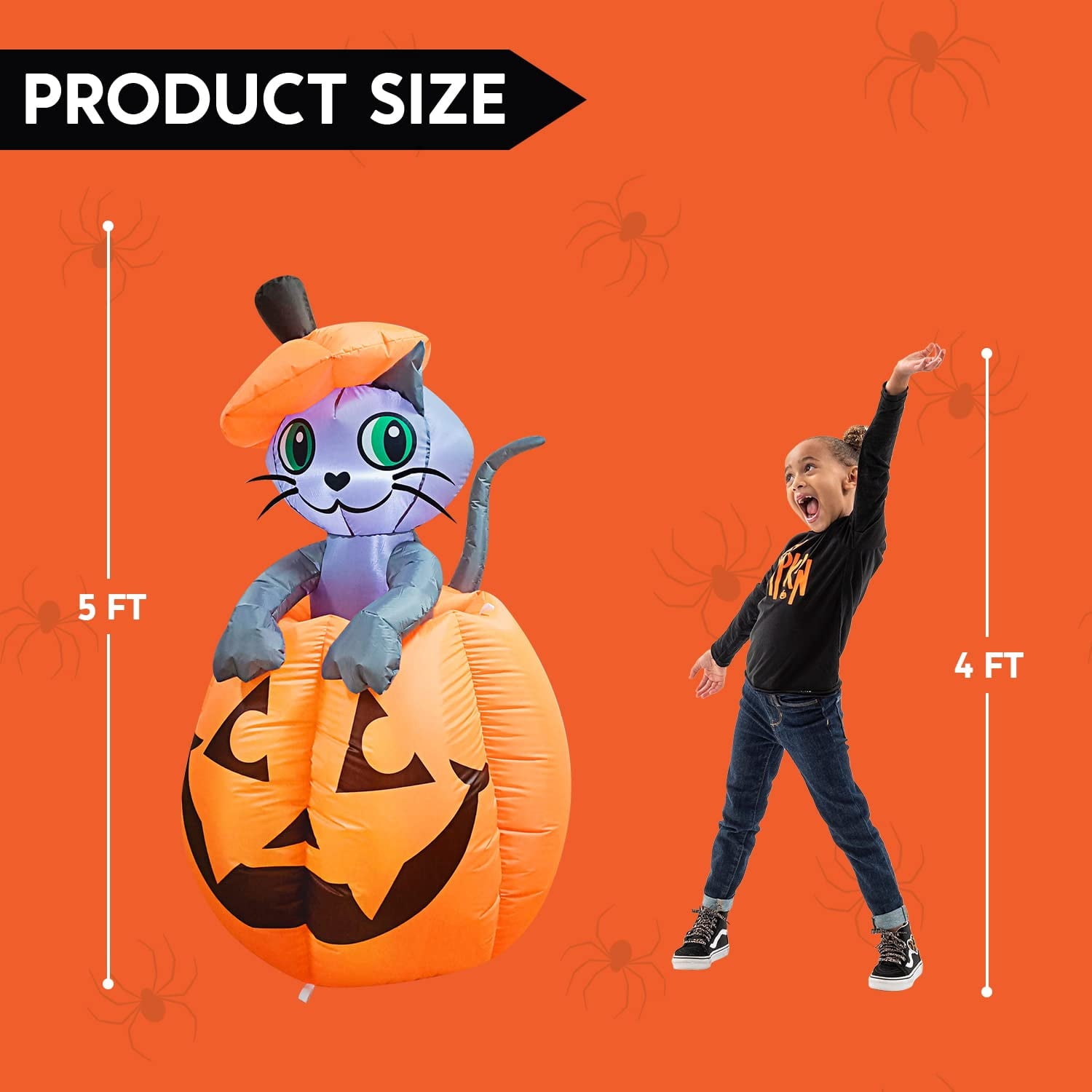 Joyfy 5 ft Halloween Inflatable Animated Cat on Pumpkin,Halloween Outdoor Decoration with LED Lights,Blow Up Decoration for Yard & Lawn,Party