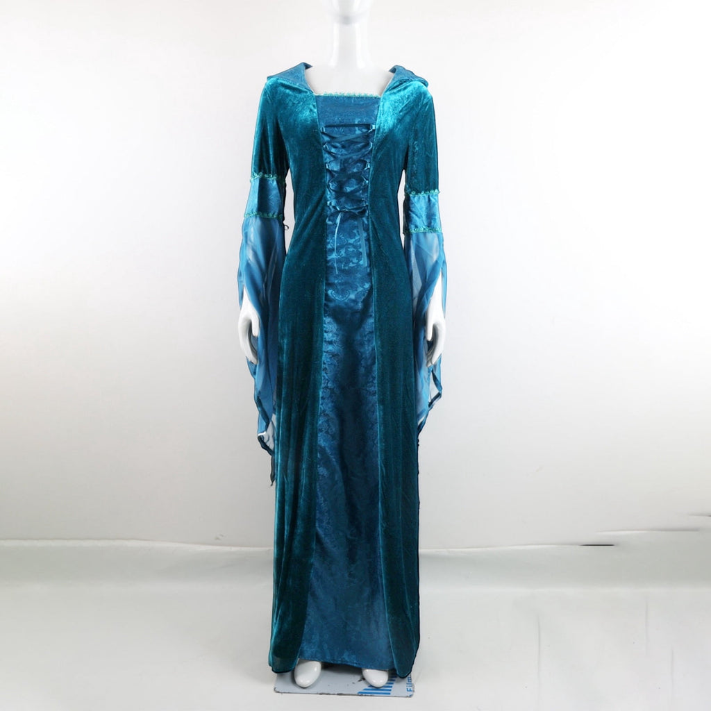 Medieval Renaissance Hooded Dress for Women, Silver Gothic Witch Costume with Lace-Up Corset, Vintage Velvet Long Sleeve Gown for Halloween Cosplay Renaissance Wedding Themed Party-Dark Blue/L
