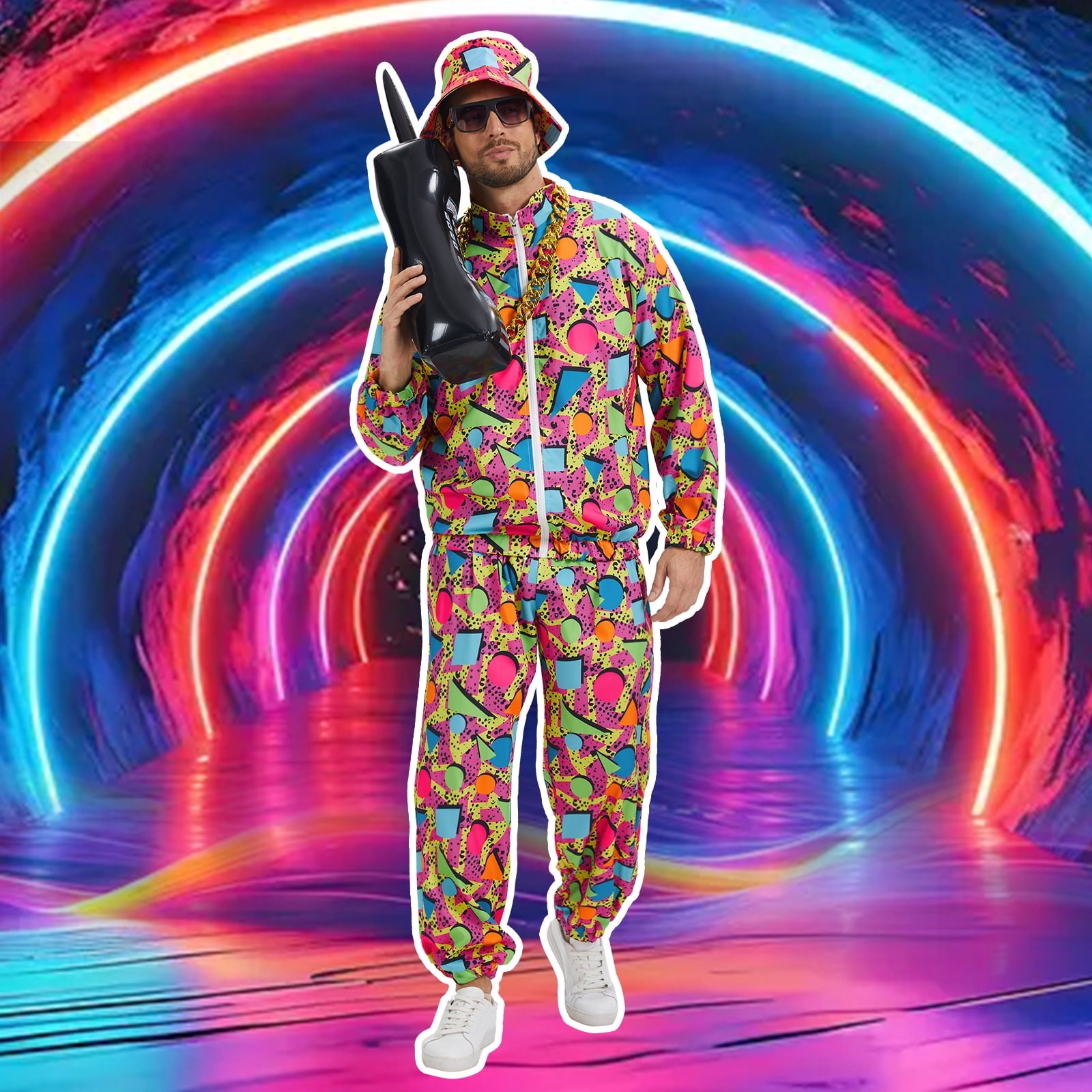 GYQMBT 80s 90s Men's Sportswear, Party Hip Hop Windbreaker 90s Disco Sportswear, 80s Adult Bizarre Costume 8 Piece Set, Black, M