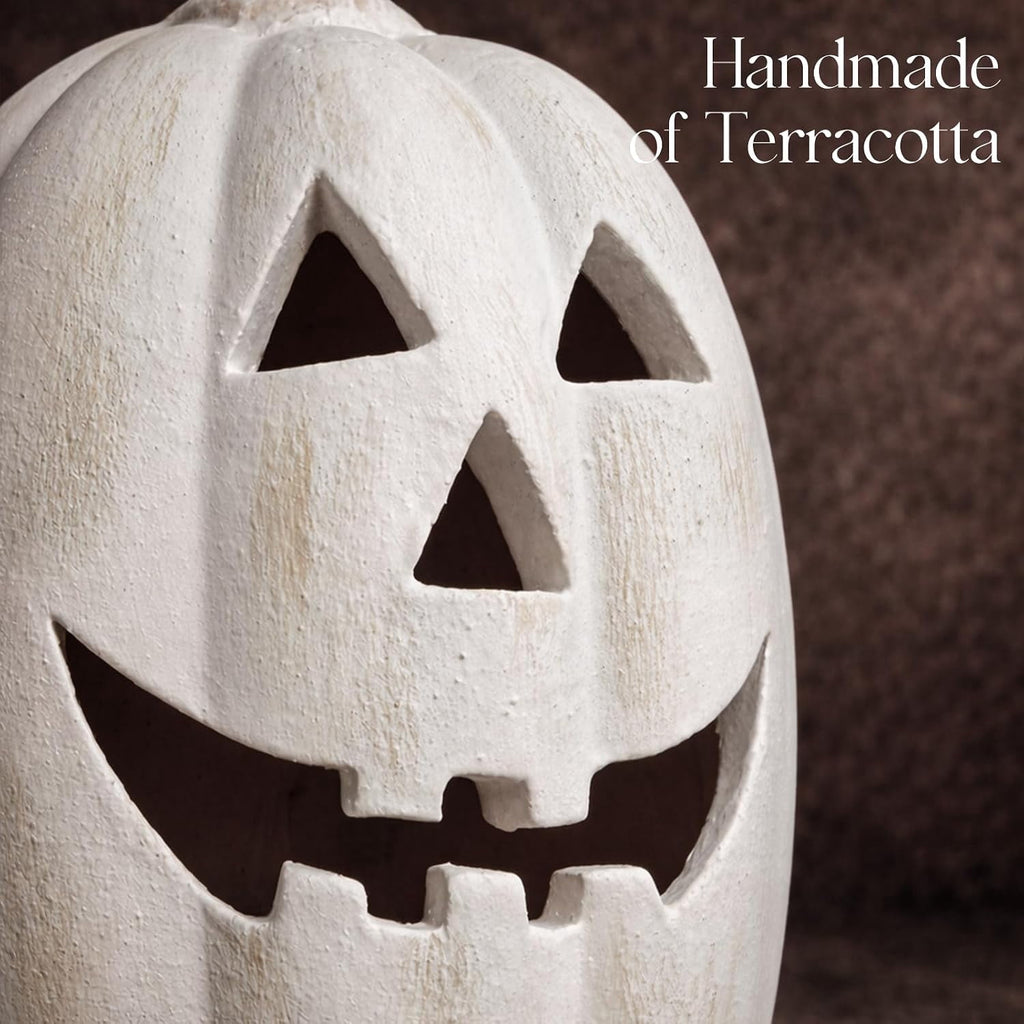 Fall Decorations for Home - Halloween Decor Indoor - 7.87" H White Handmade Resin Pumpkin Jack O' Lantern with Flameless Candle - Outdoor Decoration for Front Door Porch Mantel Kitchen Living Room