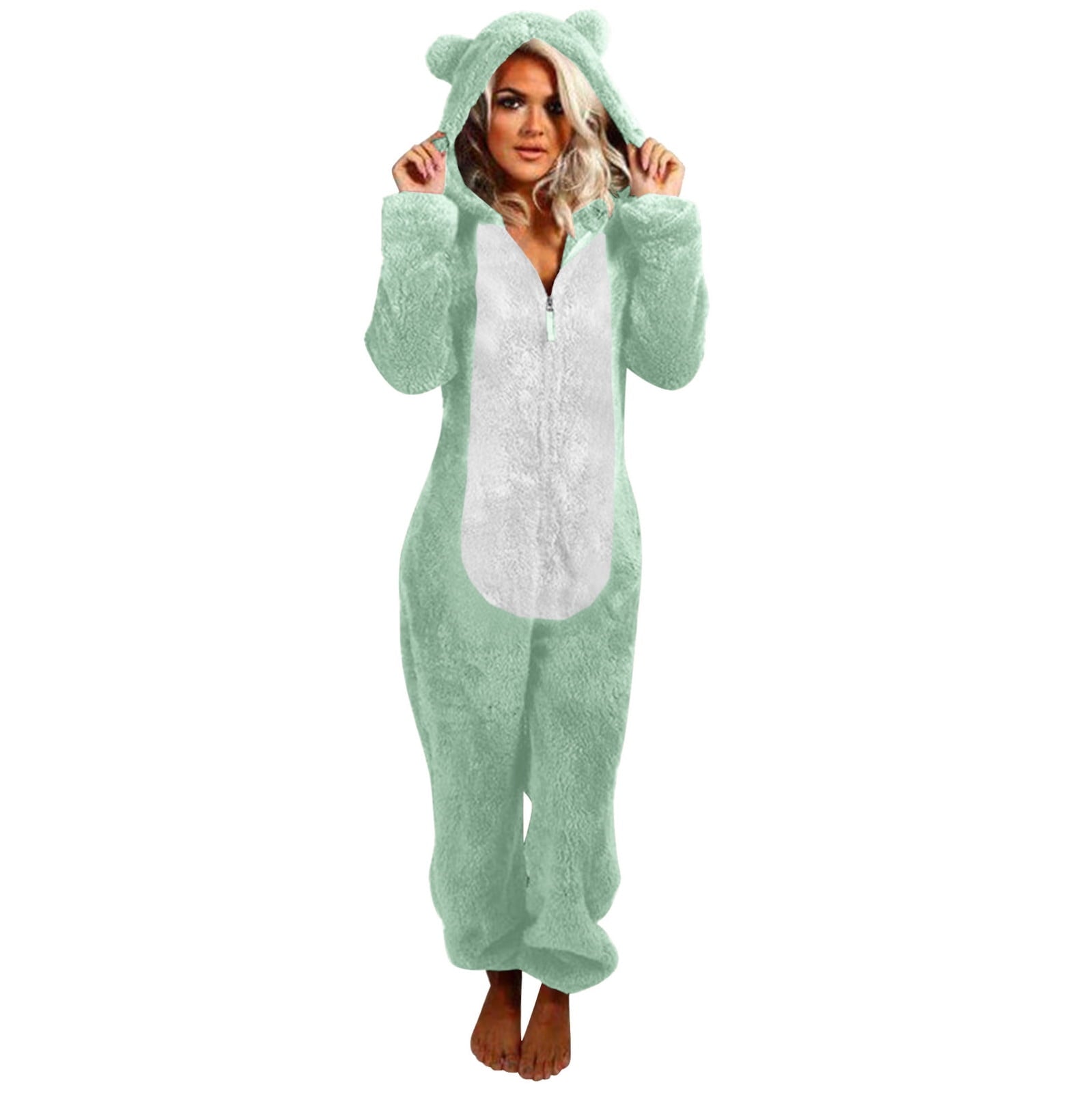 QATAINLAV Sherpa Fleece Jumpsuit for Women Winter Warm Fuzzy Onesie Pajamas Cute Cat Hooded Romper Casual Zip Up Overalls Sleepwear Black XL