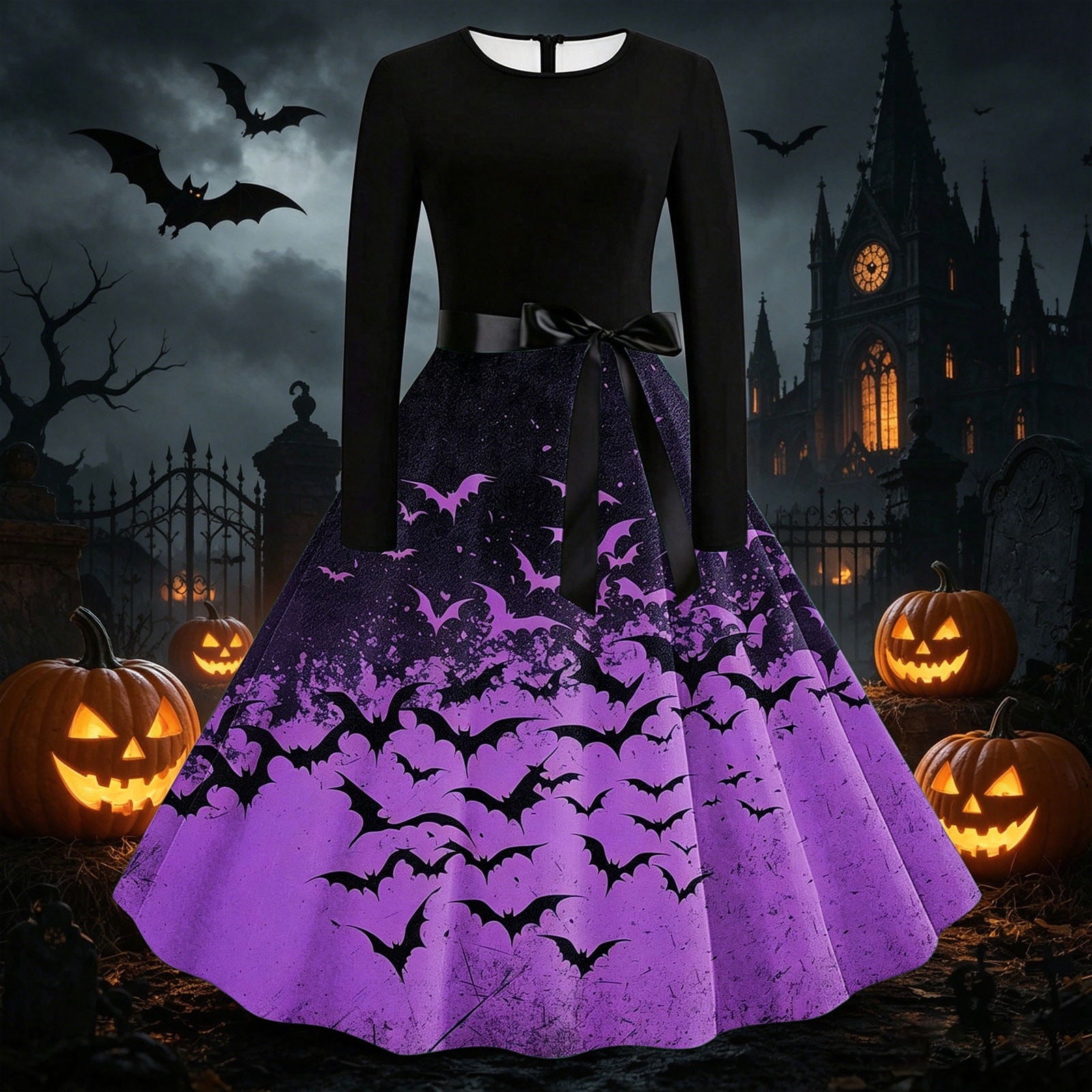 Women's Vintage Halloween Bat Print Swing Dress Long Sleeve 1950s Retro A-Line Midi Dresses with Satin Sash Belt for Gothic Cosplay Evening Prom Party