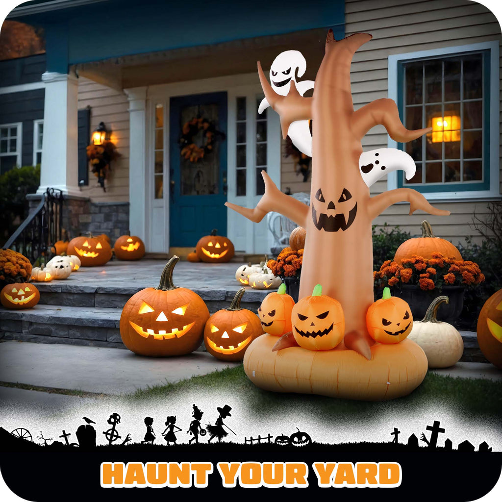 G128 8ft Halloween Haunted Tree Inflatable with Ghosts Pumpkins LED Lights Outdoor Yard Decor