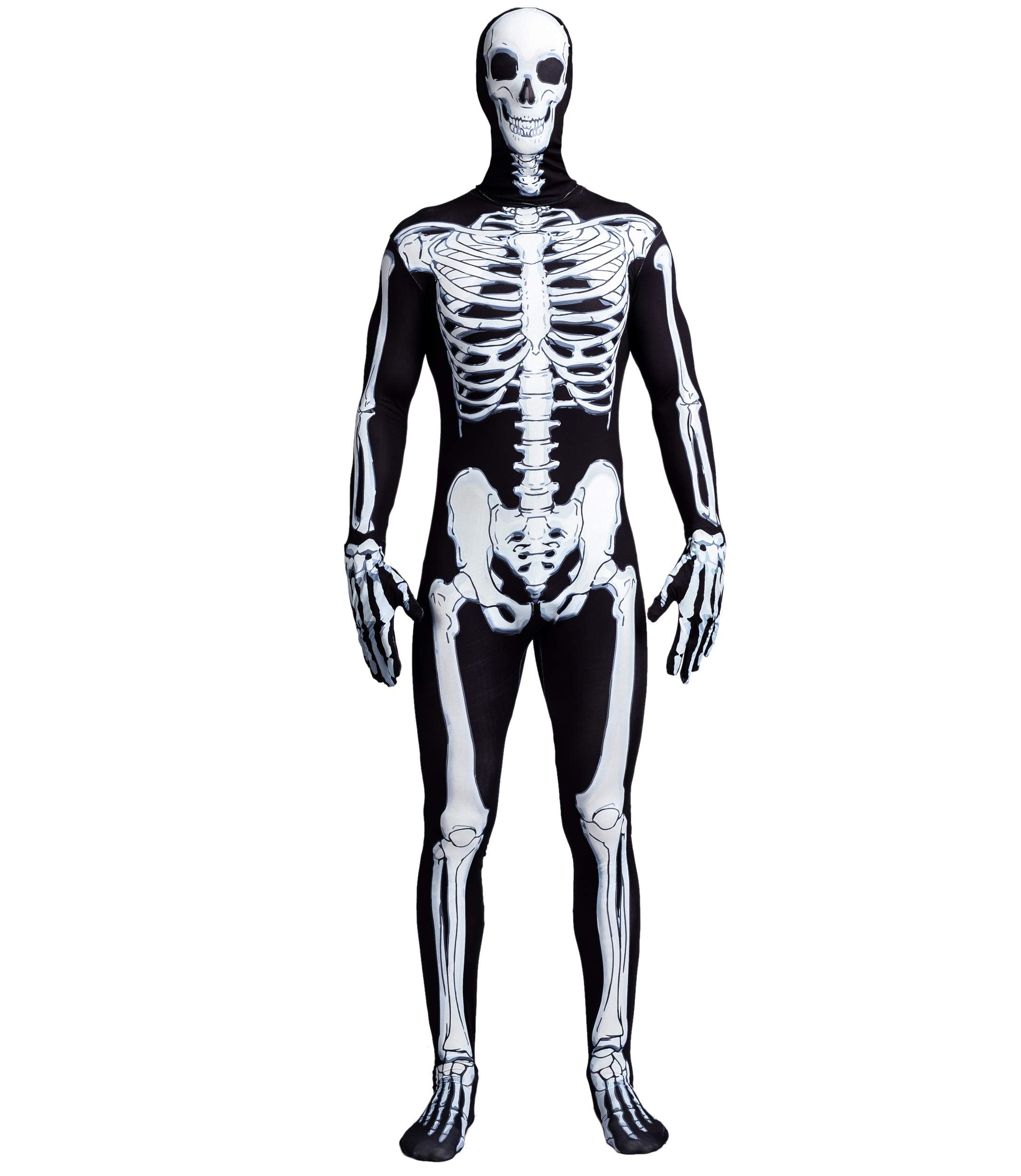 Joyfy Skeleton Costume for Adults, Skeleton Bone Bodysuit Halloween Costumes for Men with Skeleton Hood Mask, Halloween Party Fancy Dress-up