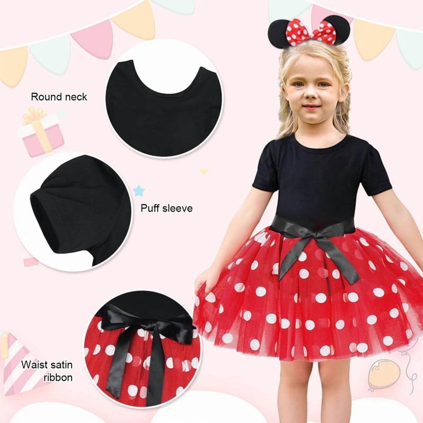 Jurebecia Girls Red Polka Dot Tutu Dress with Bow Headband, Baby Toddler Party Costume for Birthday & Cosplay (110 cm)
