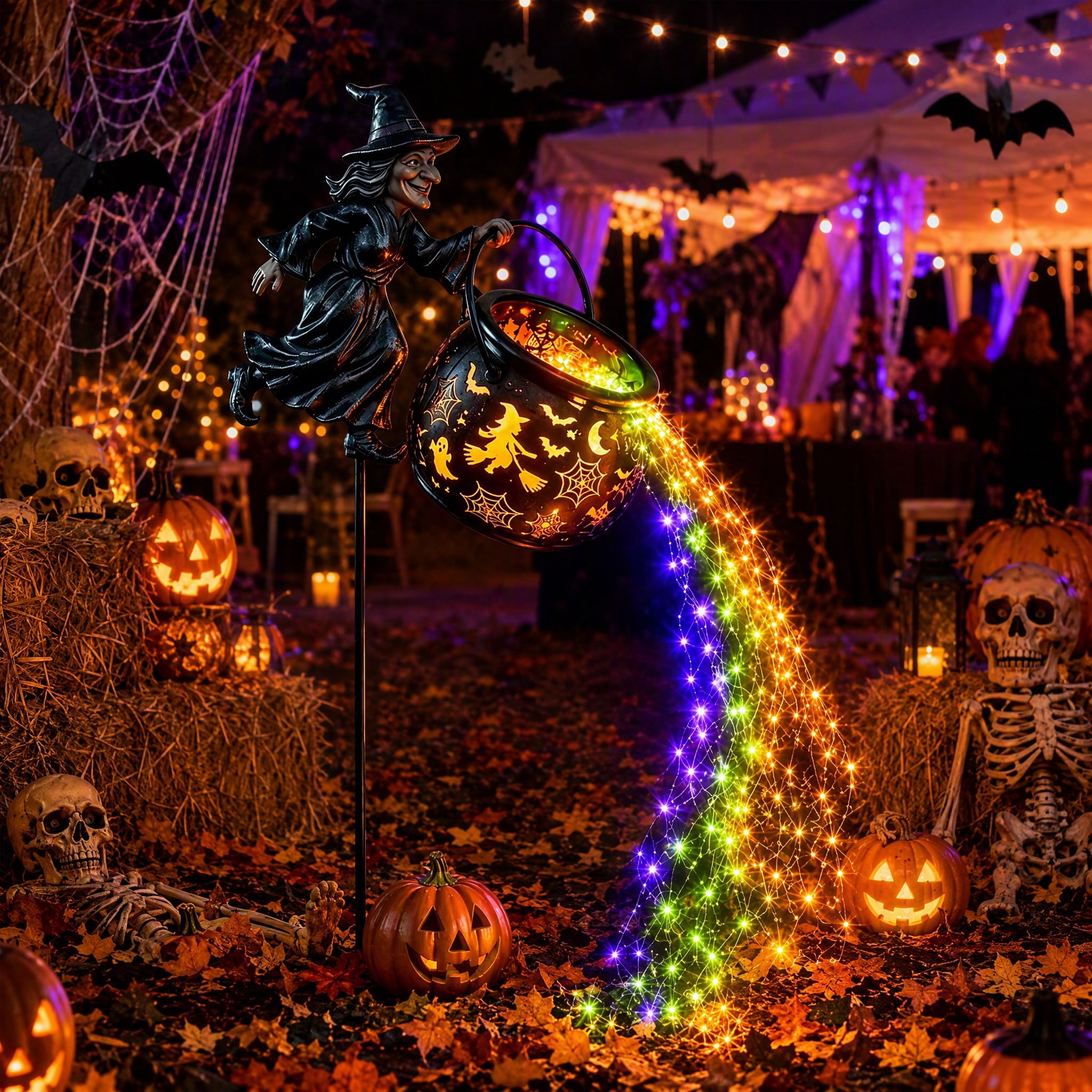 Halloween Witch Cauldron Garden Stake Lights, 2.7Ft LED Color Waterfall-Style Light Flow Flying Witch Garden Stake, Waterproof Weather Resistant Projector Lights for Outdoor Yard, Lawn, Pathway