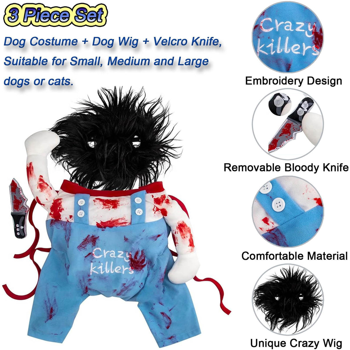 WILLED Halloween Deadly Dog Costume, Funny Pet Cosplay Christmas Outfit, Adjustable Party Dress Up Clothes for Small Medium Large Dogs