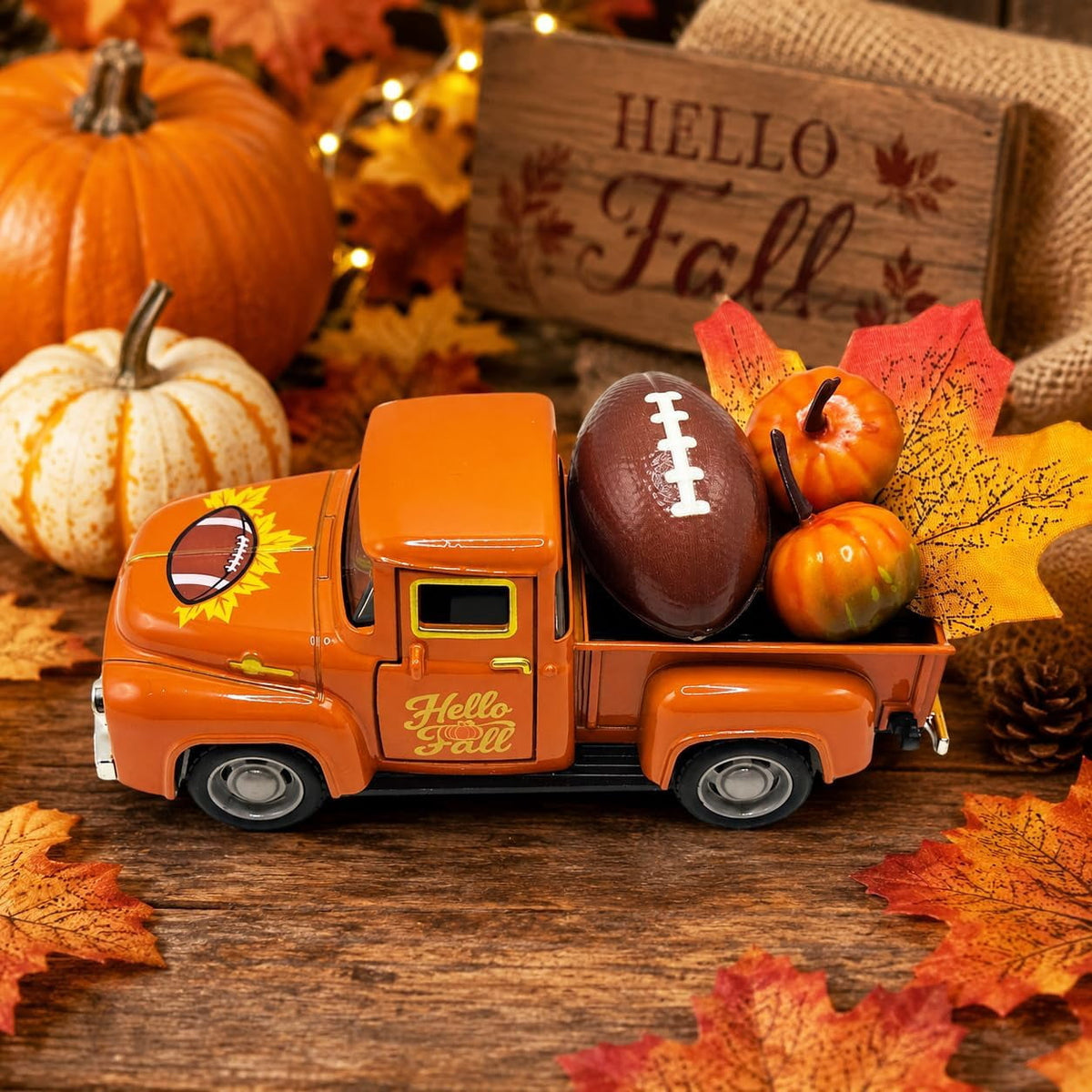 Molumo Fall Decorations for Home - Fall Vintage Truck with Pumpkins, Football and Maple Leaves - Thanksgiving Decoration for Table Centerpiece, Tiered Tray, Mantel and Harvest Home Indoor