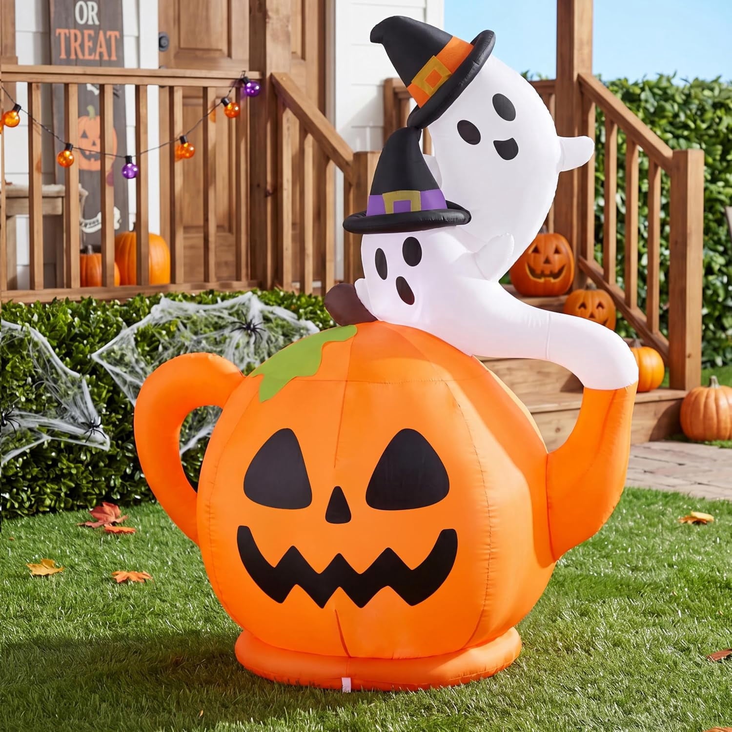 Joyfy 5ft Halloween Inflatables Light up Cute Ghost,Blow Up Ghost Lift Pumpkin Candy Bag with Build-in LEDs for Yard Decorations