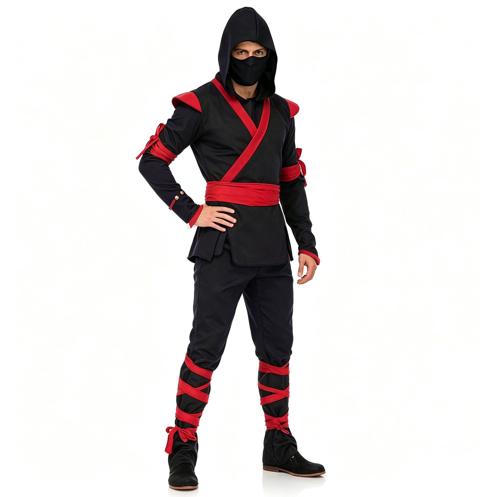 Men Ninja Costume Outfit, Complete Black‑Red Ninja Hooded Suit with Face Mask for Adult, Halloween Cosplay Theme Party Fancy Dress for Men