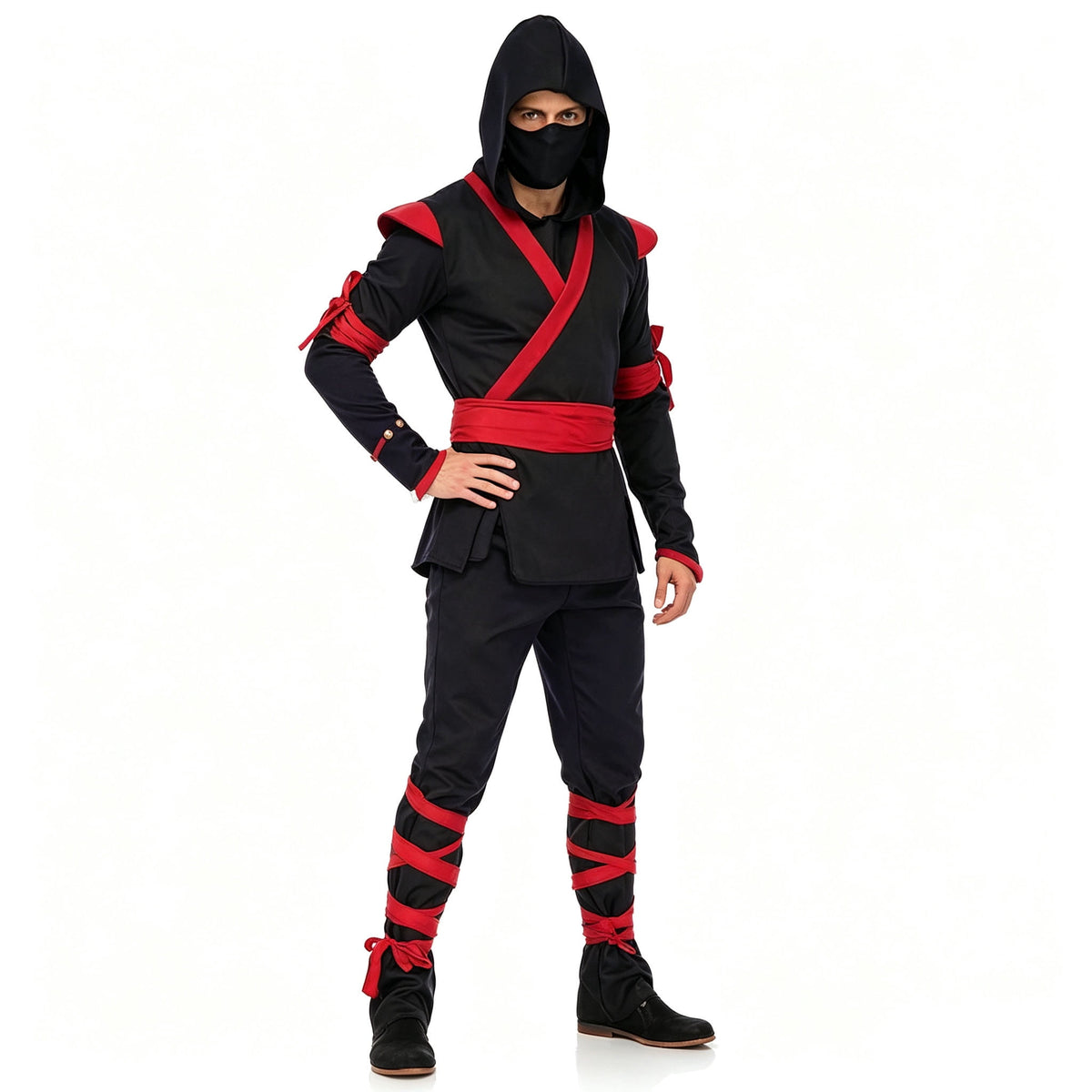 Men Ninja Costume Outfit, Complete Black‑Red Ninja Hooded Suit with Face Mask for Adult, Halloween Cosplay Theme Party Fancy Dress for Men