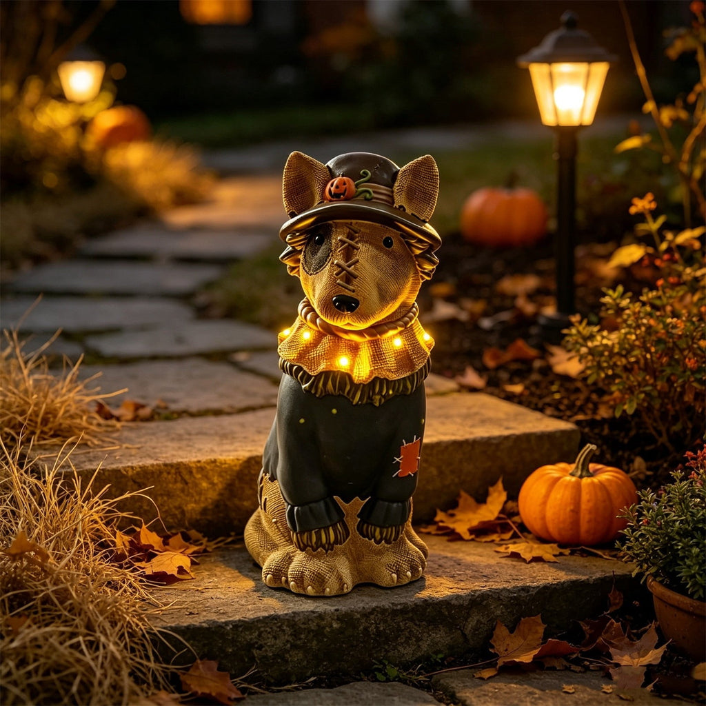 Halloween Dog Greeter - Frenchie 7.9in Resin Witch Dog with Light-Up Pumpkin, Spooky Fall Decor, Indoor Outdoor Tabletop Decoration
