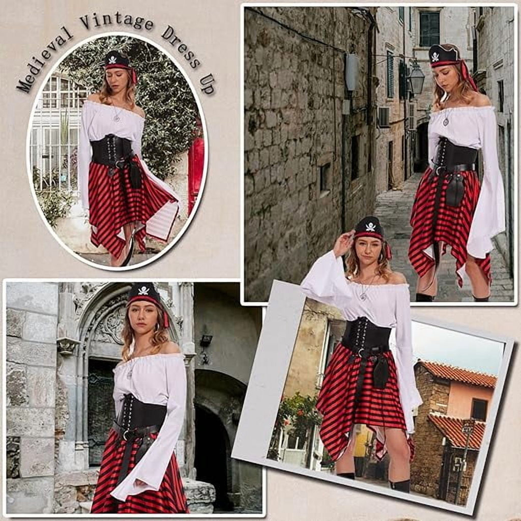 HNKMDK Adult Pirate Costumes for Women Halloween Queen Costumes Renaissance Shirts Pirate Skirts Turbans Waistbands Eye Masks(White,L)