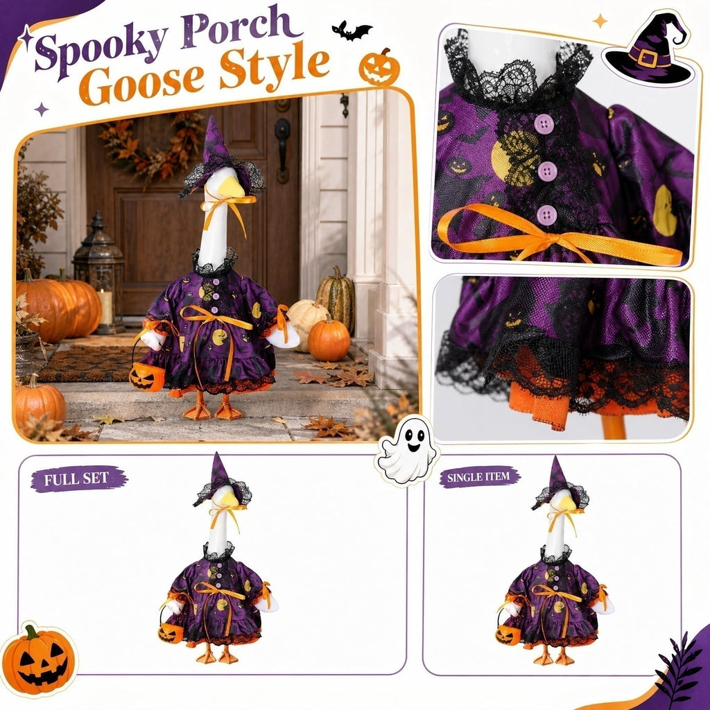 Bat Witch Hat Spiderweb Halloween Goose Clothes Fit 17/23In Cement Plastic Lawn Goose, Stylish Full Set for Outdoor Yard Patio Garden Seasonal Halloween Home Ornamental Arrangement