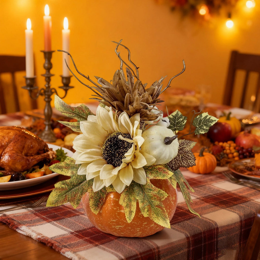 Taicans ‌12in Fall Decor Pumpkin Centerpiece - Lightweight Foam Halloween & Thanksgiving Table Decor with Sunflower & Maple Leaves - Autumn Festival Home,Café Decorations