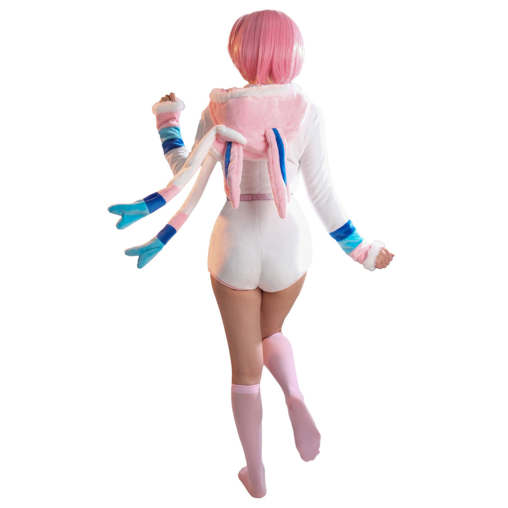 Women sexy Fluffy Hooded Bodysuit Halloween Deep V Kawaii One Piece Lingerie Rompers with Choker and Socks