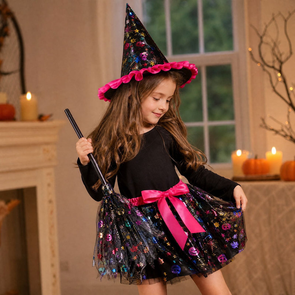 choiix Witch Tutu Skirt and Hat Set with Broomstick Halloween Costume Outfit with Printed Tulle Skirt and Witch Hat Cosplay Outfit for Party 100