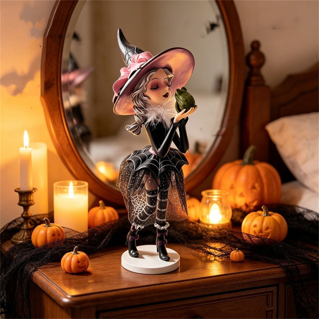 Halloween Decorations Clearance! Cute Kissing‑Face Witch Statue With Bow Hat & Mesh Skirt, Tabletop Ornament for Shelf Indoor Home Halloween Decor