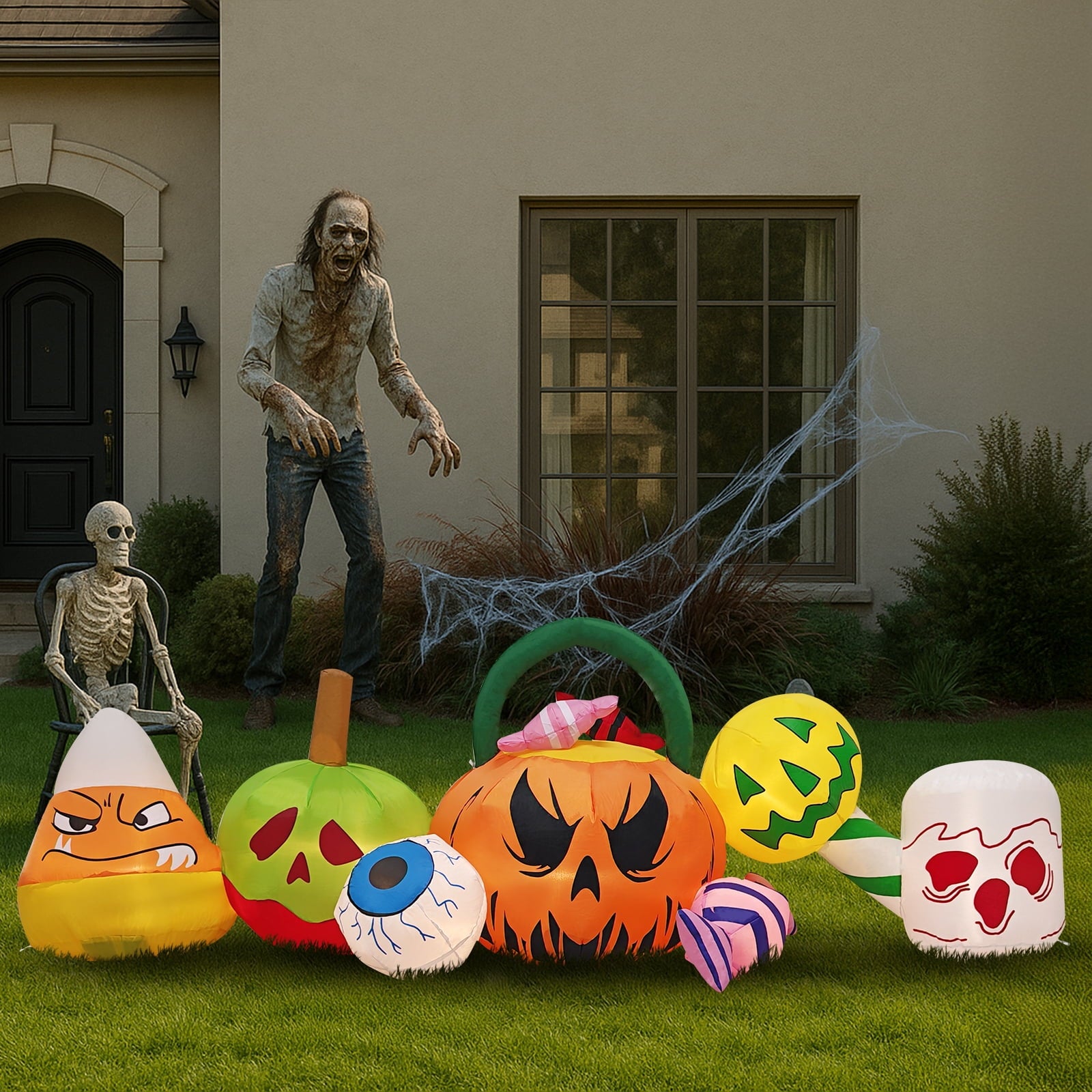 8FT Long Halloween Inflatables Pumpkins Eyeball Candy Outdoor Decorations, Blow Up Yard Decoration with Built-in LEDs Lighted for Lawn Garden Outside Indoor Decor