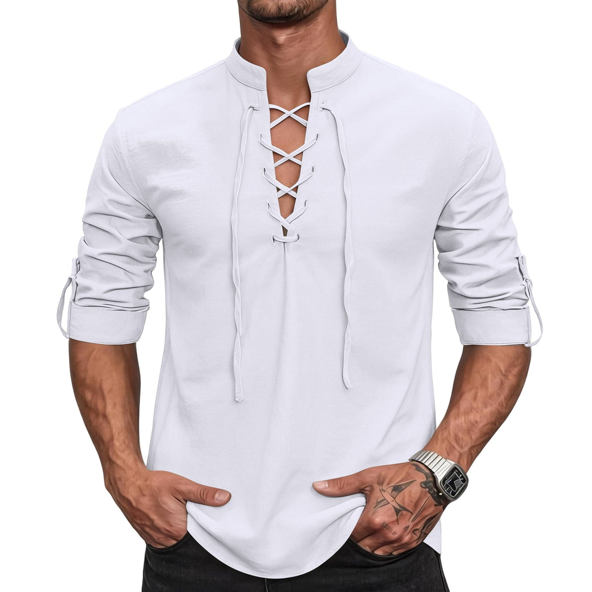 Mens Renaissance Shirt Medieval Pirate Viking Halloween Costume Gothic Steampunk Retro Long Sleeve Lace Up Shirts