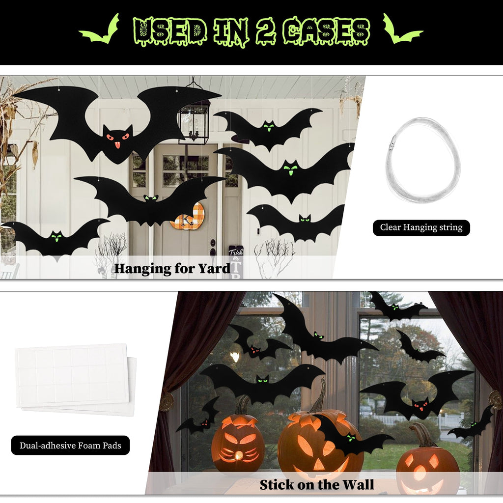 HiberyHom 24 Pack Hanging Bats Halloween Decorations Outdoor, Waterproof Black Plastic Bats 3 Different Sizes with Glowing Eyes Stickers, Bat Decorations Perfect for Halloween Hanging Tree Decor