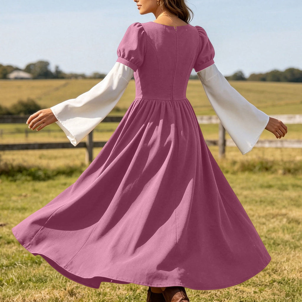 Hurxie Renaissance Costume Women Peasant Medieval Dress Maxi Fairy Dresses with Bell Sleeve Vintage Ren Faire Outfit