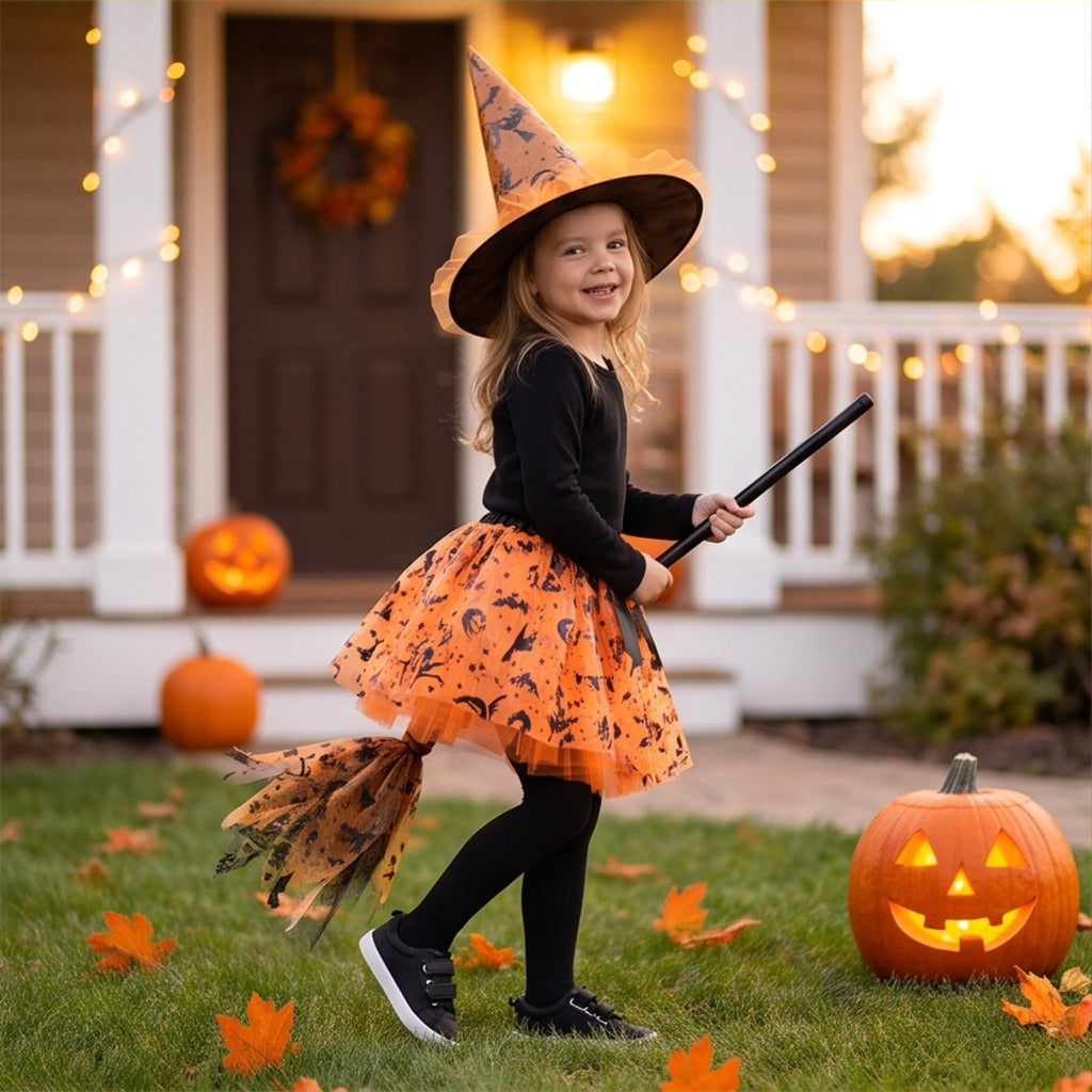 choiix Witch Tutu Skirt and Hat Set with Broomstick Halloween Costume Outfit with Printed Tulle Skirt and Witch Hat Cosplay Outfit for Party 100