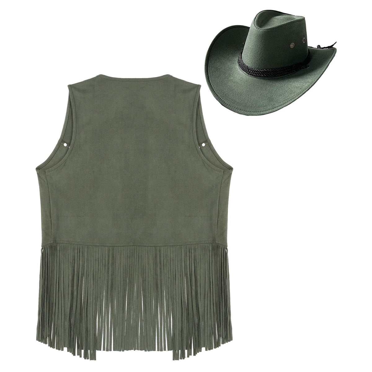TiaoBug Men's Western Cowboy Cosplay Costume Tassel Rivets Waistcoat with Wide Brim Hats Sets Black L