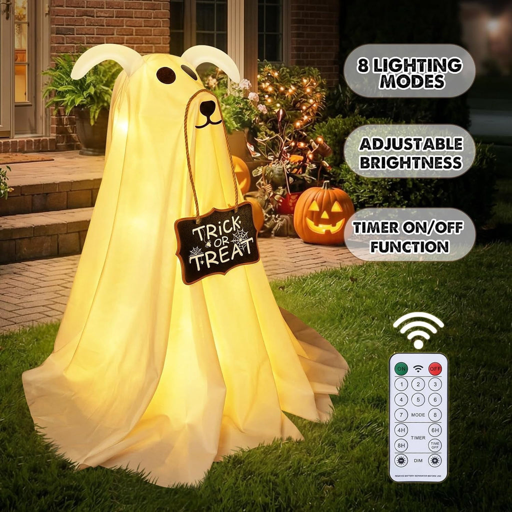 Halloween Decorations, 2 Pack 2.3 FT Light-Up Spooky Ghost Dog with 2 Sign | Halloween Ghost Dog Decorations Outdoor, Halloween Decorations Indoor, Remote Control Ghost Decor for Porch Yard Lawn Home