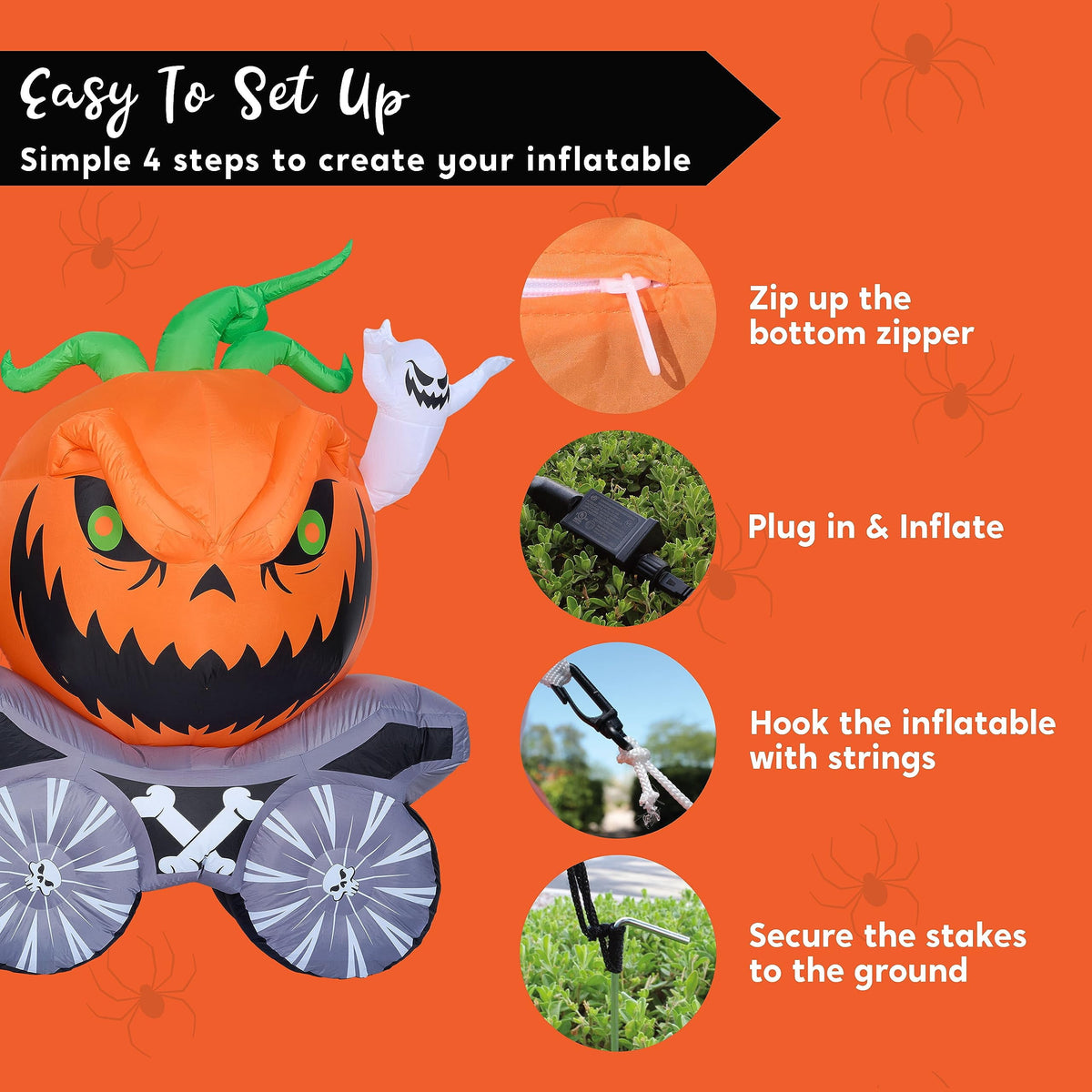 Joyfy 8ft Long Halloween Inflatables Outdoor Decorations,Spooky Pumpkin Carriage with Built-in LEDs,Blow Up Halloween Decoration for Yard