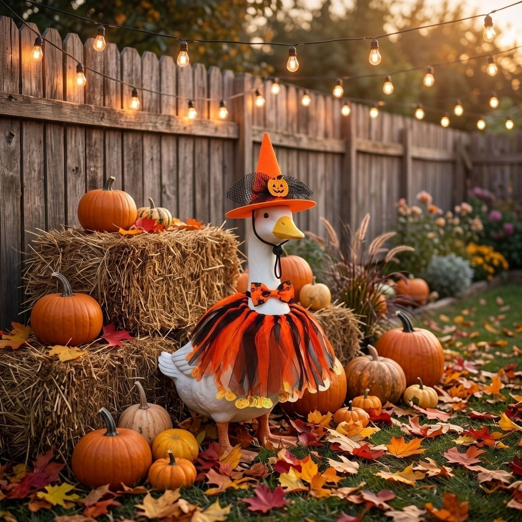 Outdoor Holiday Yard Decor, 23 Inch Porch Goose Outfits, Halloween Pumpkin Themed Porch Goose Clothes, Porch Goose Set with Hat and Treat Bag, Fits Standard 23 Inch Large Porch