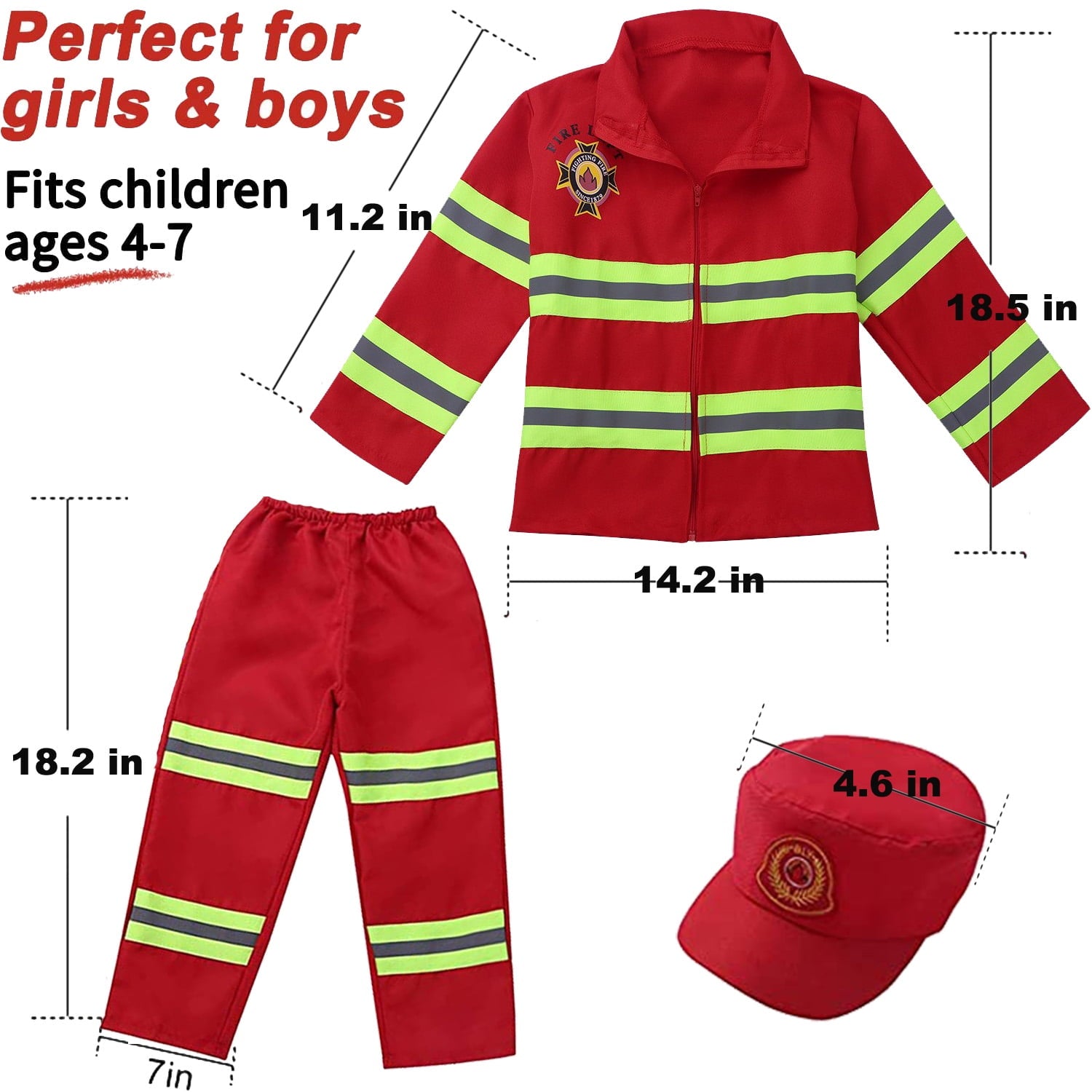 NimJoy Fireman Halloween Costume Dress-up Set Pretend Role Play Firefighter Realistic Outfit Kit Preshool Toy for Boys 3-6 Years Toddler Birthday Christmas Present, 8Pcs Red