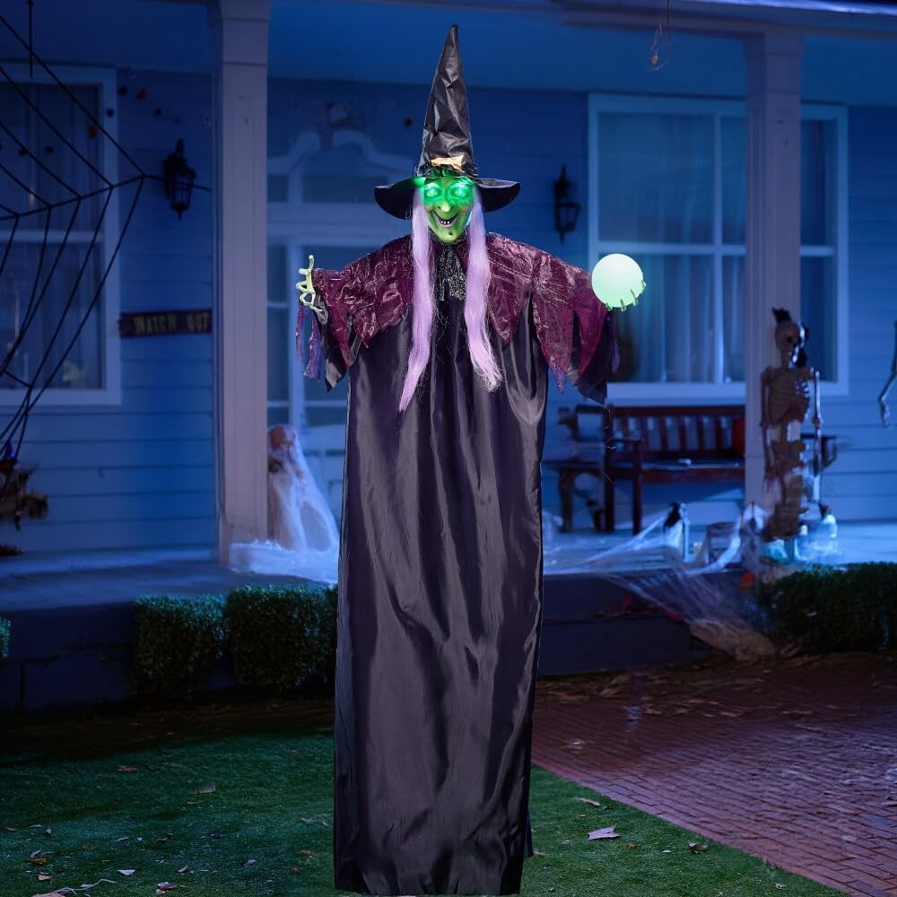 Joyfy 6ft Halloween Witch Decoration,Outdoor Scary Halloween Animatronic Hanging Witch with Light Up Eyes and Sound Decoration for Halloween Outdoor