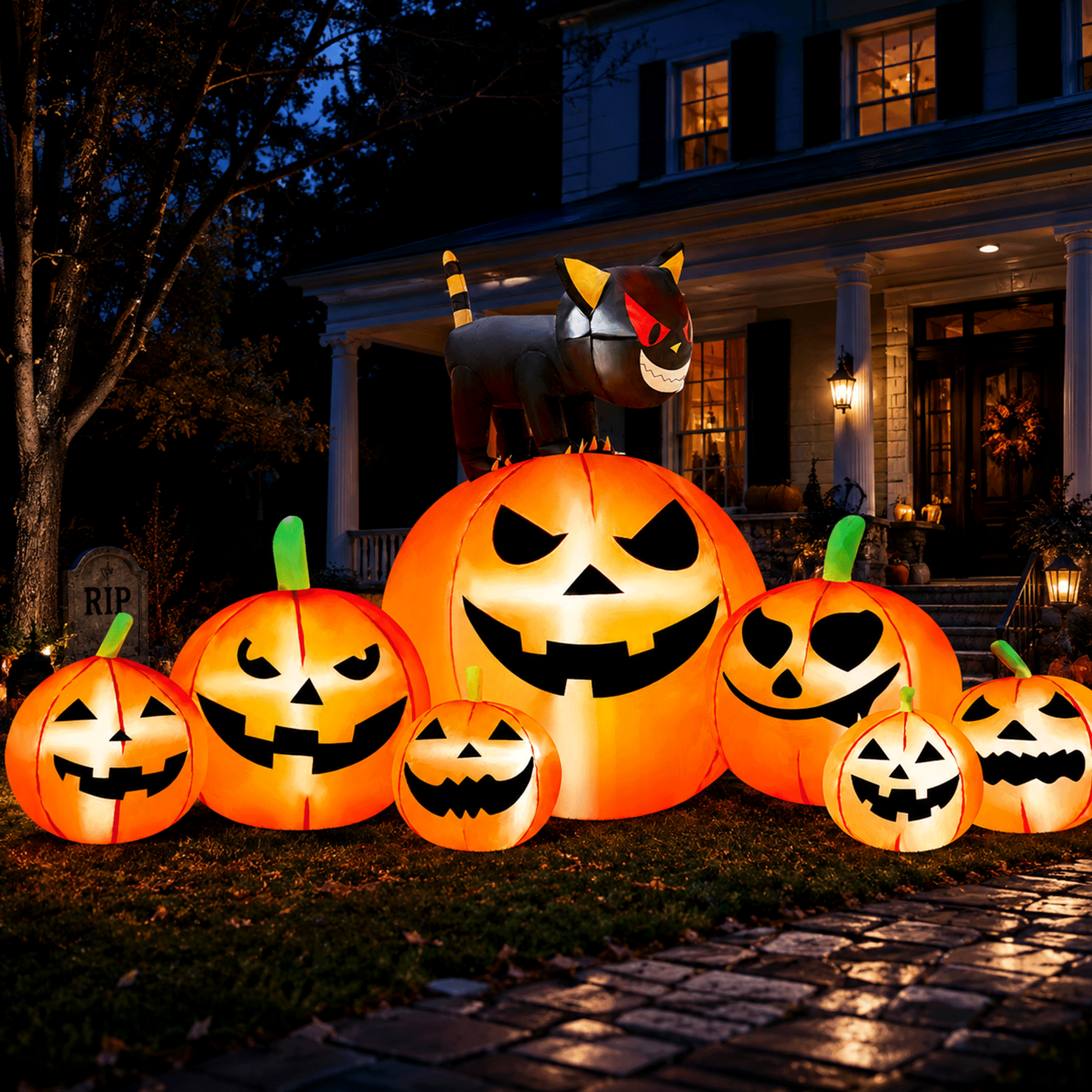 Yexmas 8.7ft Halloween Inflatables Pumpkins 7 Blow Up Decor with Witches Hat, Built-in LED Lights for Halloween Party, Yard, Garden, Lawn