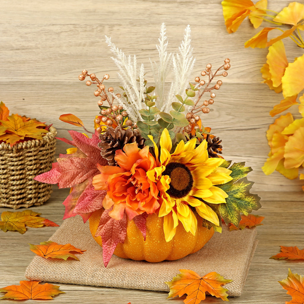Briful 12.9"Artificial Pumpkin Floral Arrangement with Orange Sunflowers Leaves Fall Table Centerpiece for Harvest Autumn Décor