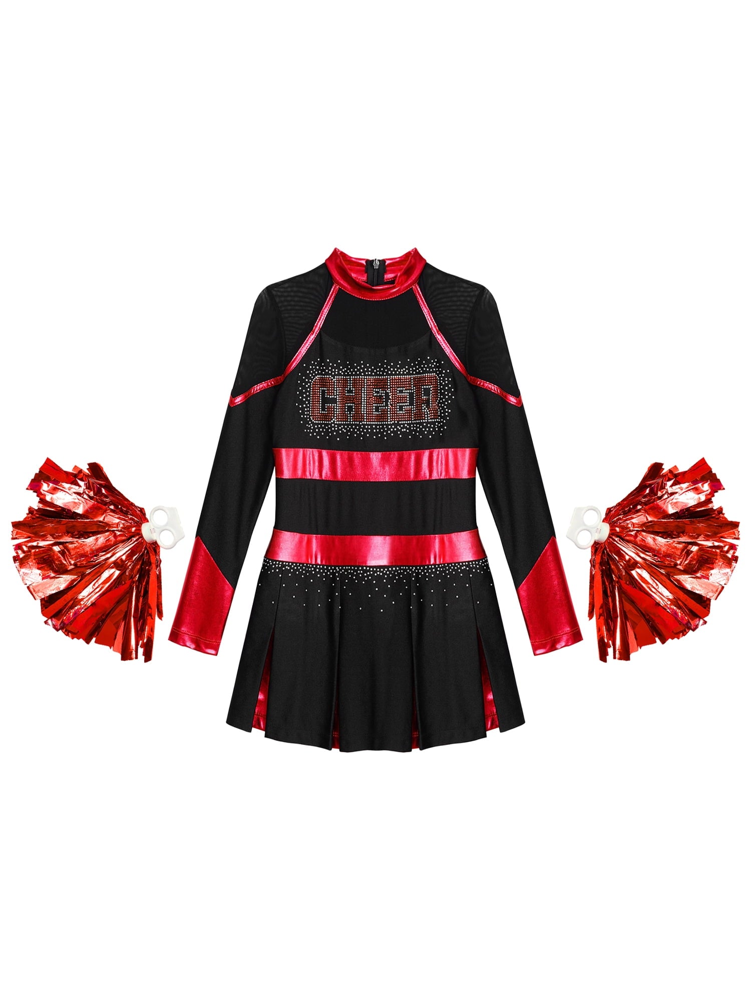 YEAHDOR Cheer Team Uniform for Schoolgirls Cheerleading Outfit Carnival Masquerade Costume Dress with Hand Flower Balls Black&Red 14