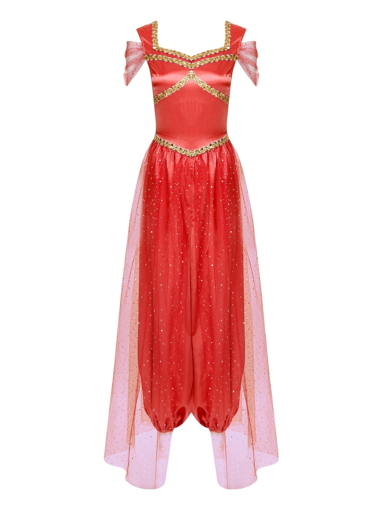 Aislor Women Halloween Arabian Princess Cosplay Costume Sequins Belly Dance Romper Jumpsuit Fancy Dress Lake Blue L